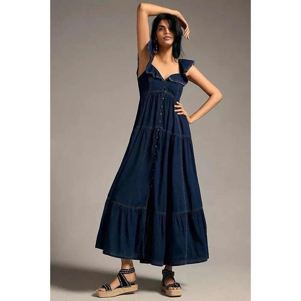 Anthropologie Pilcro Sweetheart Flutter-Sleeve Denim Buttondown Dress Size Small - Picture 1 of 8